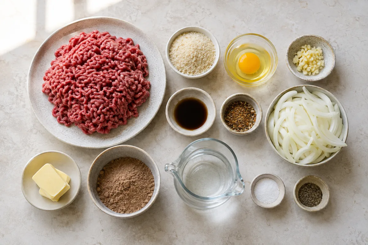 Ingredients for ground beef pot pie casserole with beef, onion, garlic, yellow potatoes, mixed vegetables, mushroom soup, cheddar biscuit mix, milk, cheese, butter, and seasonings