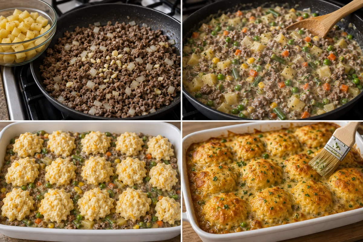 Four stages showing beef browned with onion, creamy beef potato vegetable filling, biscuit dough spooned over the casserole, and golden biscuits brushed with garlic-herb butter