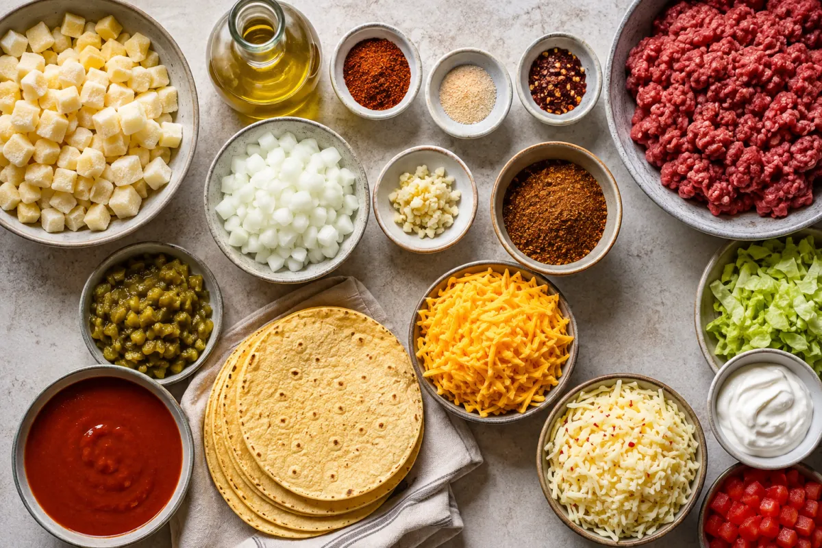 Ingredients for ground beef and potato enchiladas with frozen diced potatoes, beef, onion, garlic, green chiles, enchilada sauce, corn tortillas, cheddar, pepper jack, and seasonings