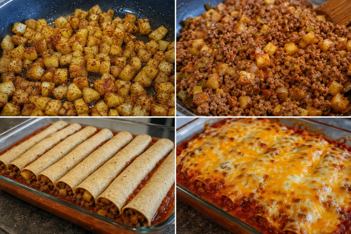 Four stages showing diced potatoes browned, beef and potato filling mixed, tortillas rolled in red sauce, and enchiladas baked with cheddar and pepper jack