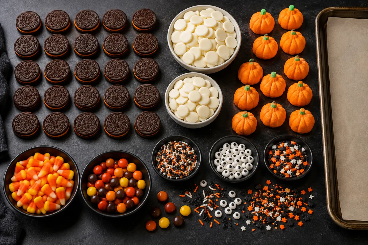 Ingredients for Halloween cookie bark including orange cream-filled chocolate sandwich cookies, white melting wafers, pumpkin marshmallows, colorful chocolate candies, candy corn, sprinkles, and candy eyes