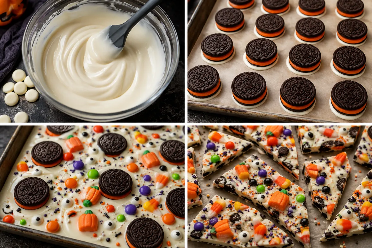 Four stages showing white melting wafers stirred smooth, orange cream cookies arranged on parchment, toppings pressed into white chocolate, and Halloween bark cut into pieces