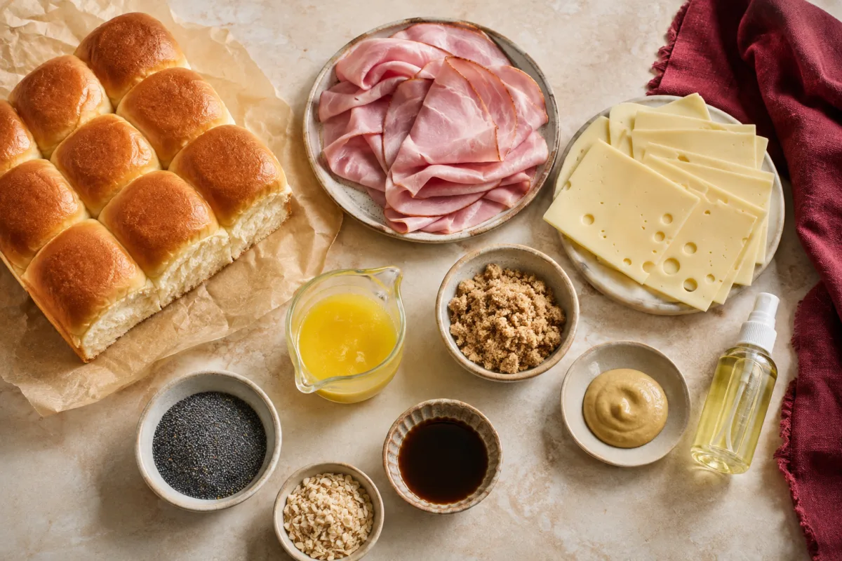 Ingredients for ham and cheese sliders with Hawaiian rolls, deli ham, Swiss cheese, butter, brown sugar, Dijon, Worcestershire, poppy seeds, and dried onion