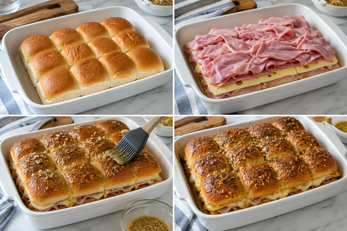 Four stages showing connected rolls sliced, ham and Swiss layered, buttery poppy-seed glaze brushed over the tops, and golden baked sliders