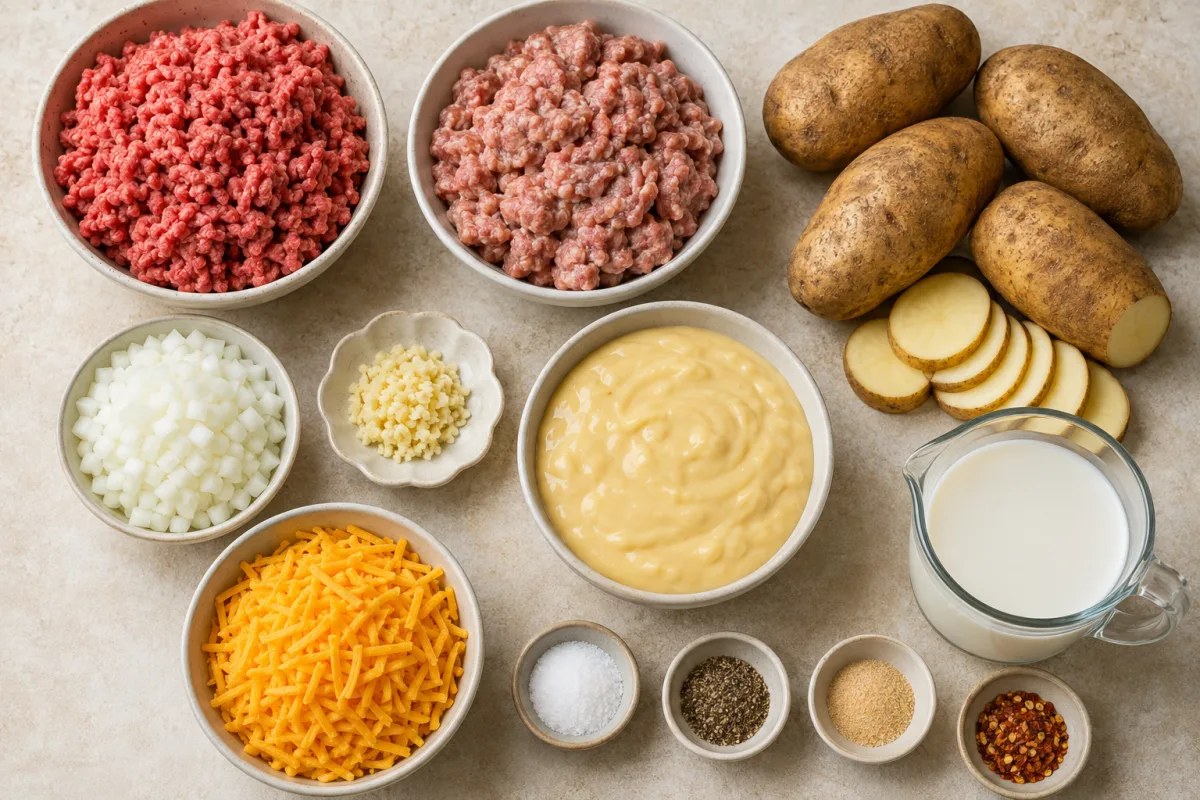 Ingredients for hamburger potato casserole with russet potatoes, ground beef, Italian sausage, onion, garlic, cream soup, milk, cheddar, salt, pepper, garlic powder, and pepper flakes
