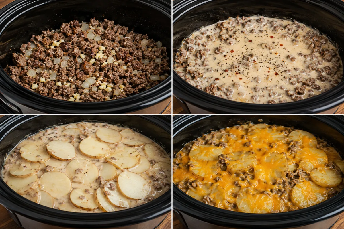 Four stages showing beef and sausage browned with onion and garlic, creamy sauce mixed in, potato slices submerged, and slow cooker casserole topped with melted cheddar