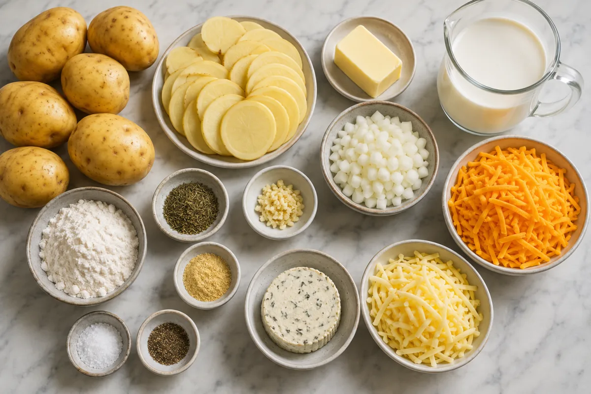 Ingredients for hamburger steaks with ground beef, breadcrumbs, egg, garlic, Worcestershire, steak seasoning, sliced onion, butter, brown gravy mix, water, salt, and pepper