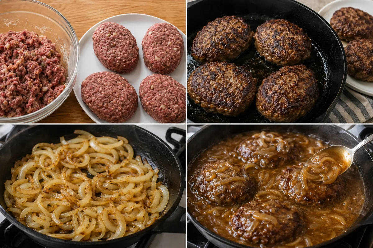 Four stages showing hamburger patties formed, patties browned in a skillet, onions softened in butter, and steaks simmered in brown onion gravy