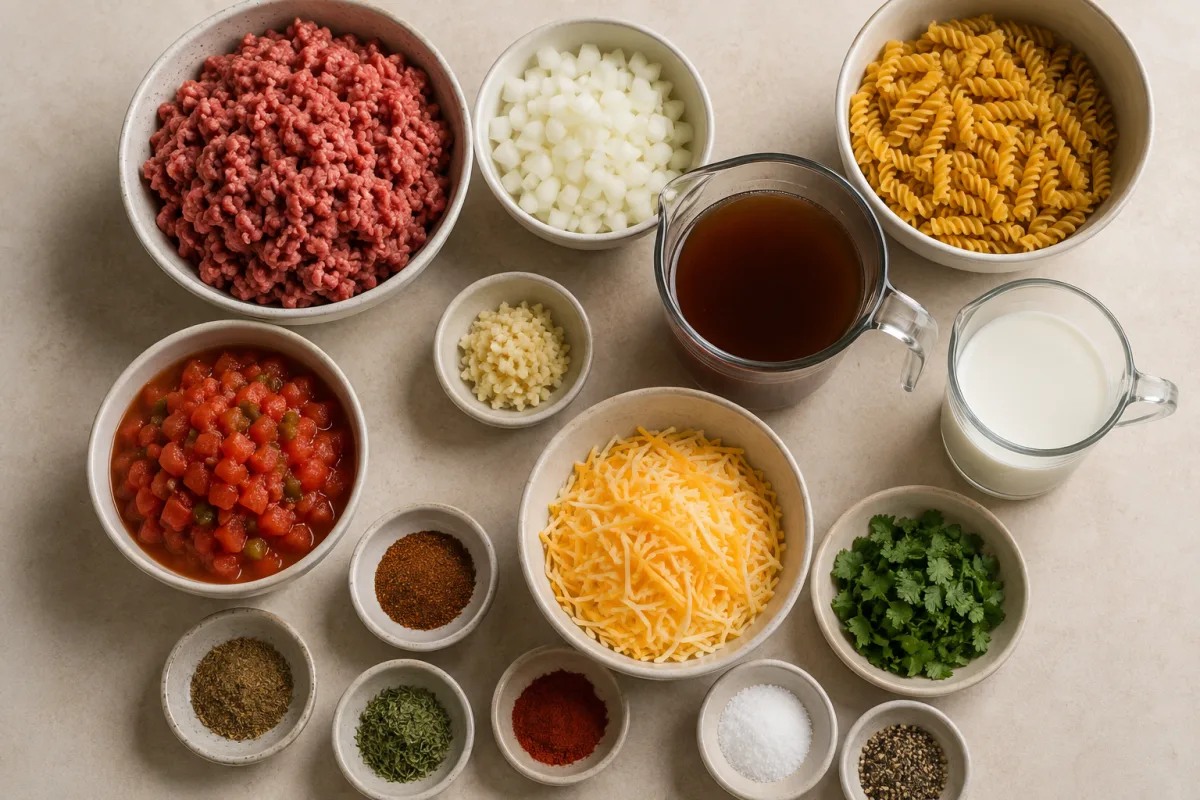Ingredients for taco Hamburger Helper with ground beef, onion, rotini, broth, milk, tomatoes and green chiles, garlic, cheese, cilantro, and taco spices