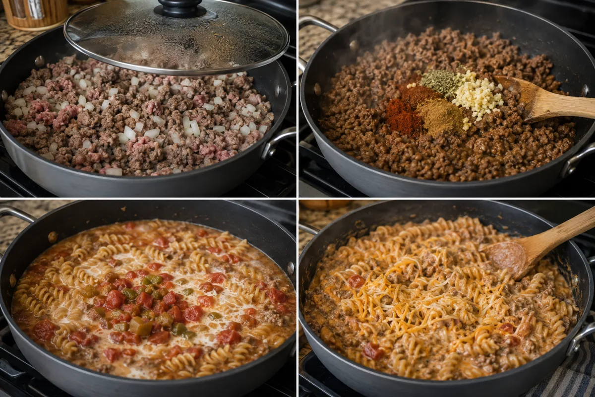 Four stages showing beef and onion browned, taco spices added, rotini simmered with tomatoes milk and broth, and cheese stirred into tender pasta