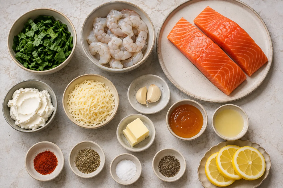 Ingredients for honey glazed stuffed salmon with two salmon fillets, shrimp, spinach, cream cheese, shredded cheese, garlic, butter, honey, lemon, paprika, and Italian seasoning