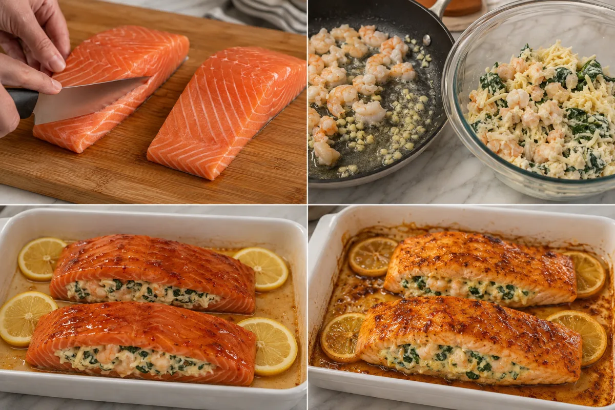 Four stages showing pockets cut into two salmon fillets, shrimp cooked with garlic and mixed with spinach and cheese, two filled fillets brushed with honey glaze, and the stuffed salmon baked golden
