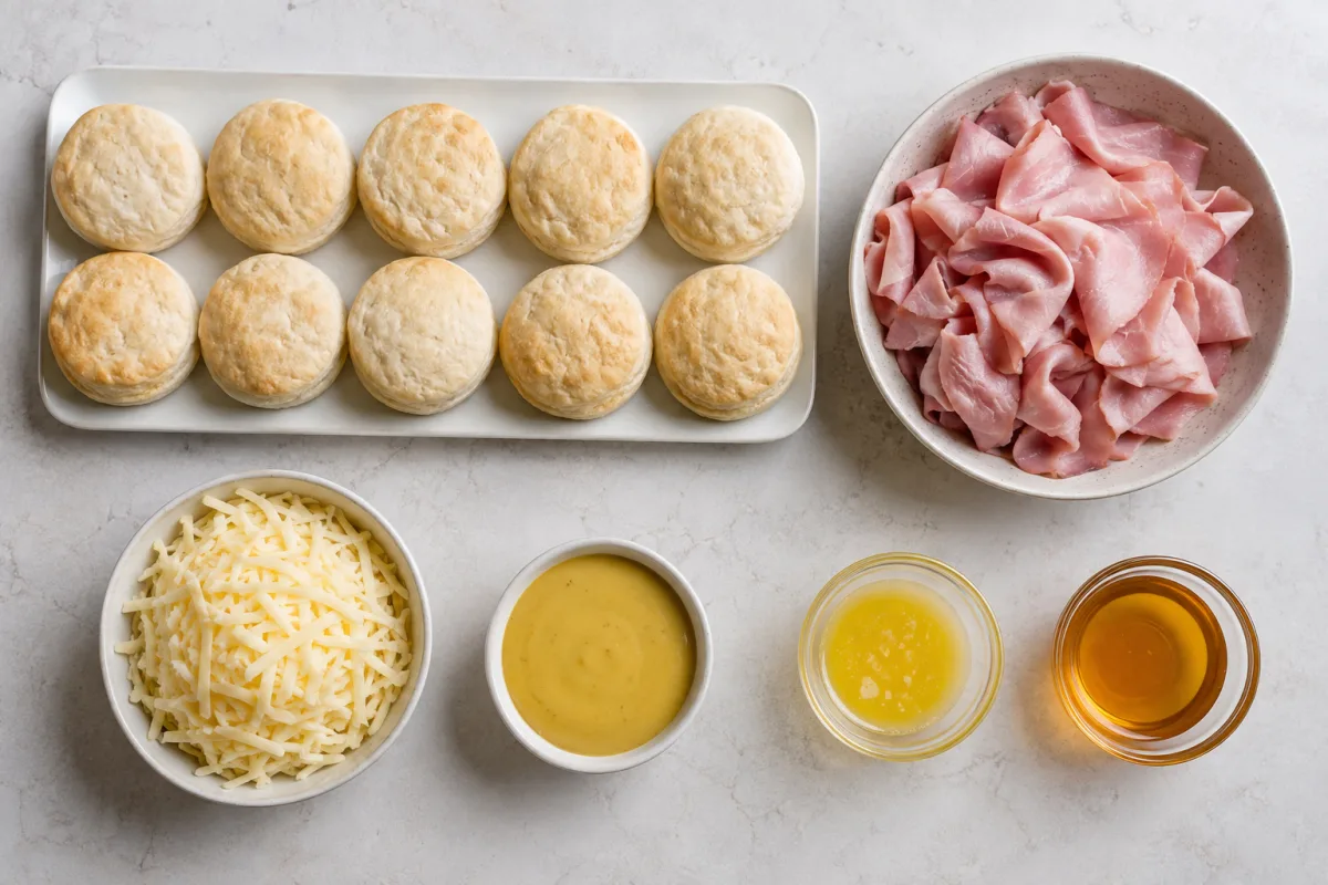 Ingredients for honey ham biscuit sliders with ten butter biscuits, shaved deli ham, shredded Swiss, honey mustard, melted butter, and honey