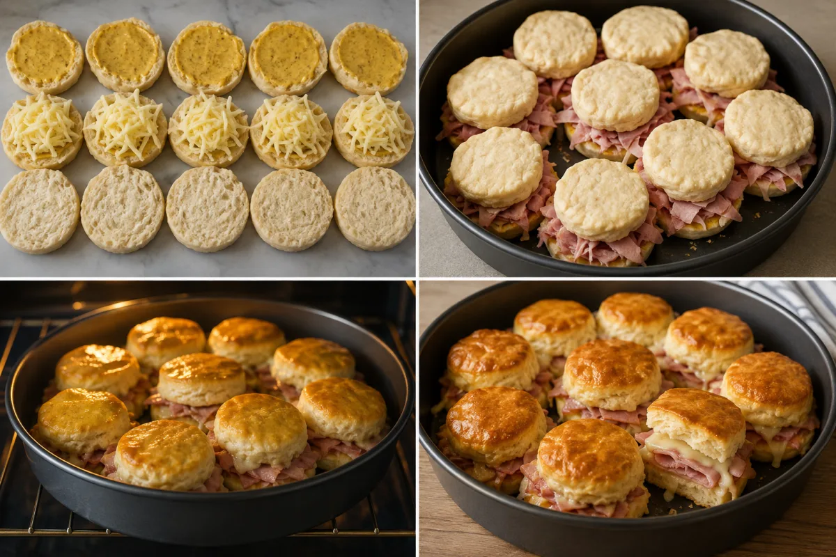 Four stages showing biscuits separated and spread with honey mustard and Swiss, ham sliders assembled in a pan, biscuit tops baked golden, and warm honey brushed over finished sliders