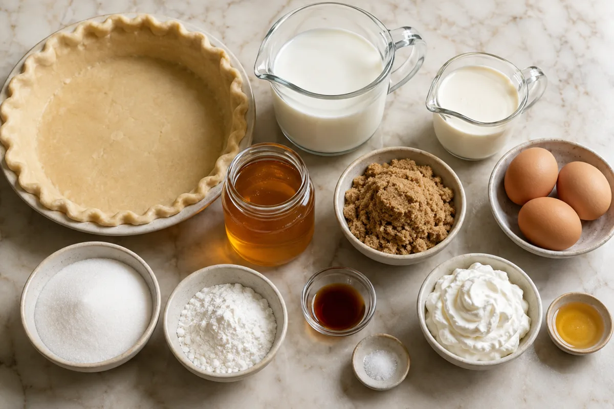 Ingredients for honey pie with pie crust, milk, heavy cream, eggs, pure honey, brown sugar, granulated sugar, cornstarch, vanilla, salt, and whipped cream