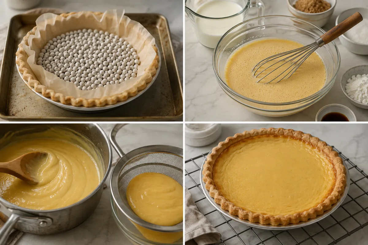 Four stages showing pie crust blind baked, honey custard whisked, custard thickened and strained, and honey pie baked and cooled