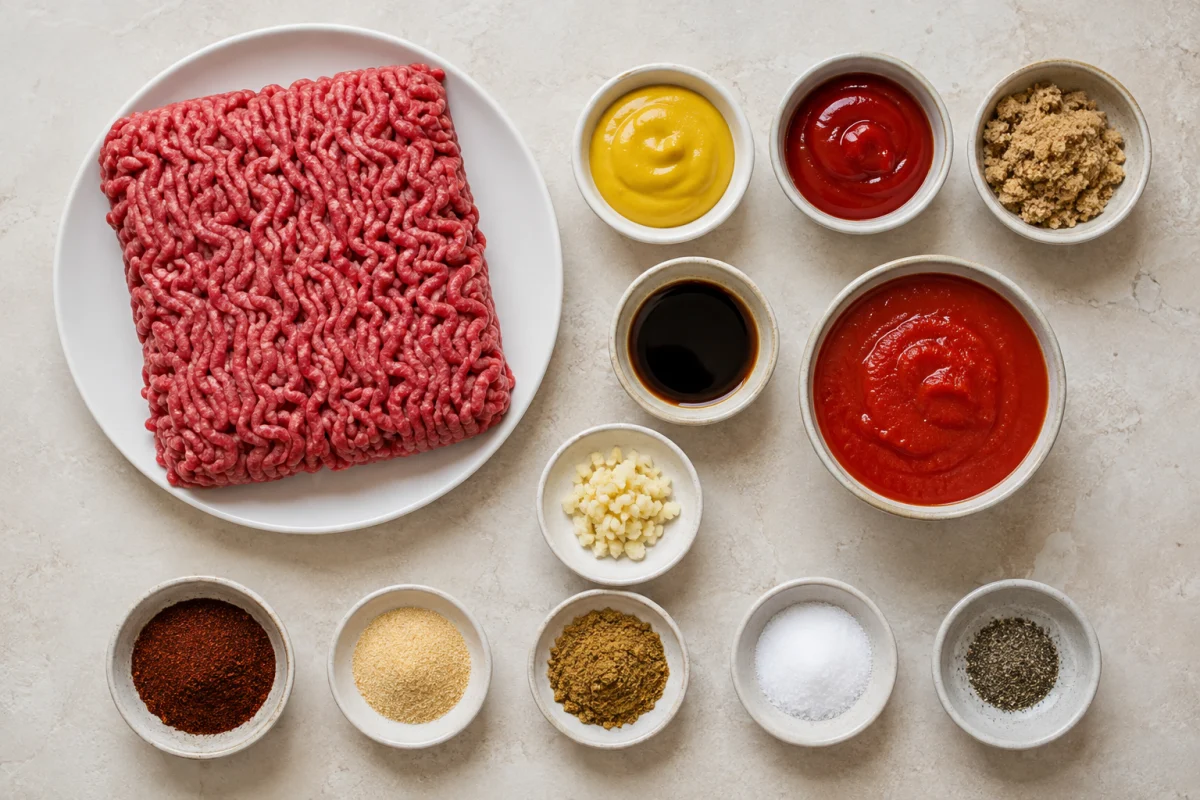 Ingredients for bean-free hot dog chili including ground beef, tomato sauce, ketchup, mustard, brown sugar, Worcestershire, garlic, and spices