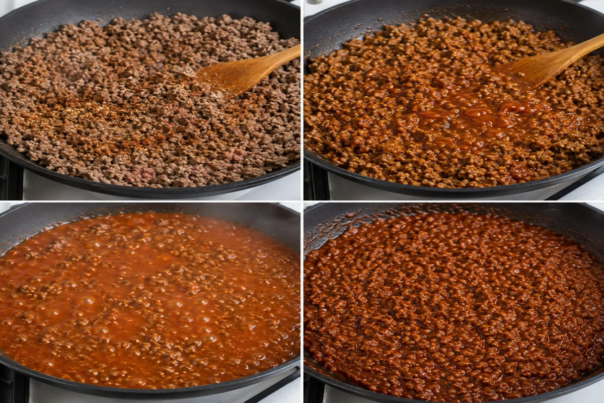 Four stages showing ground beef finely browned with spices, sauce ingredients added, chili simmering, and thick finished hot dog chili