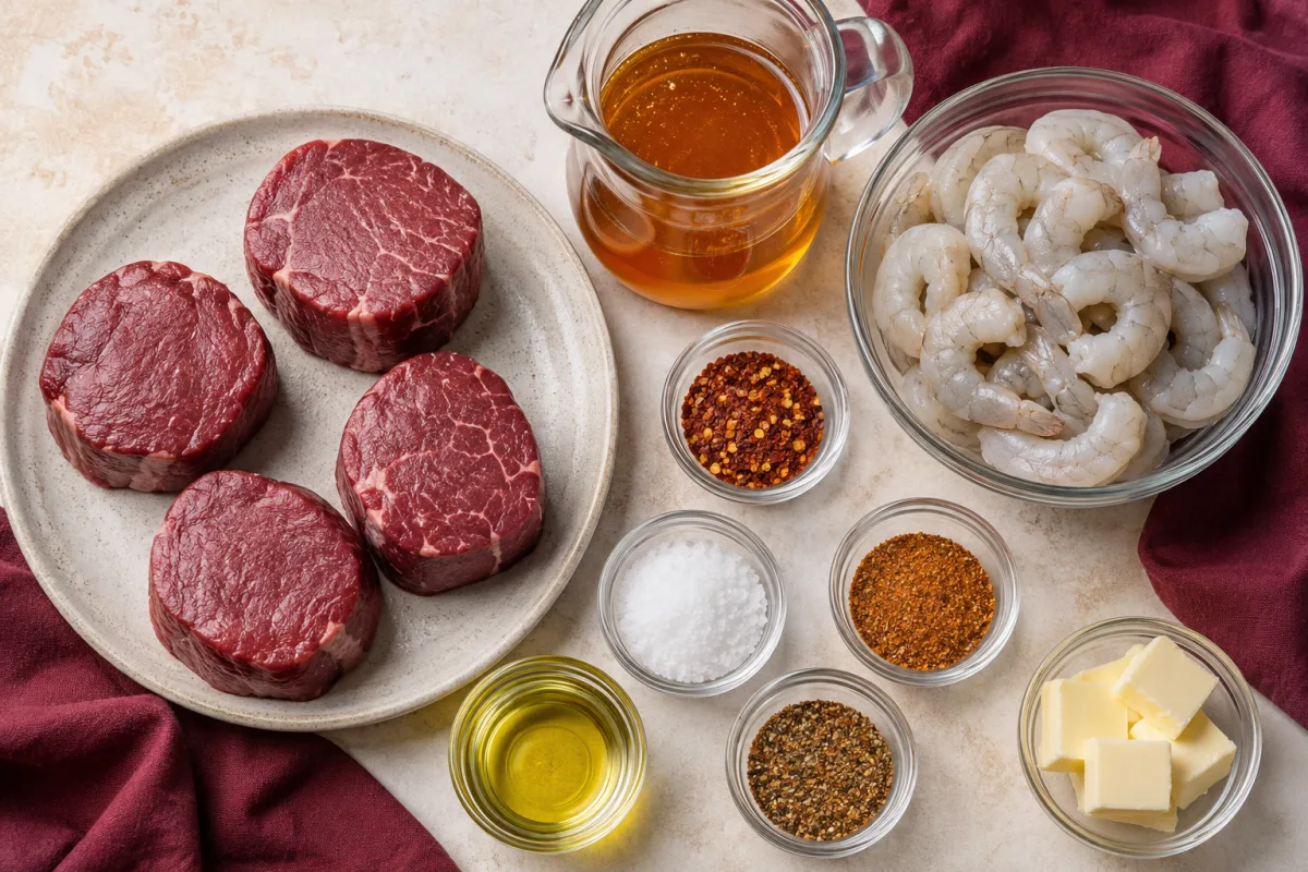 Ingredients for hot honey steak and shrimp with filet mignon, raw shrimp, honey, red chili flakes, steak seasoning, seafood seasoning, oil, butter, and kosher salt