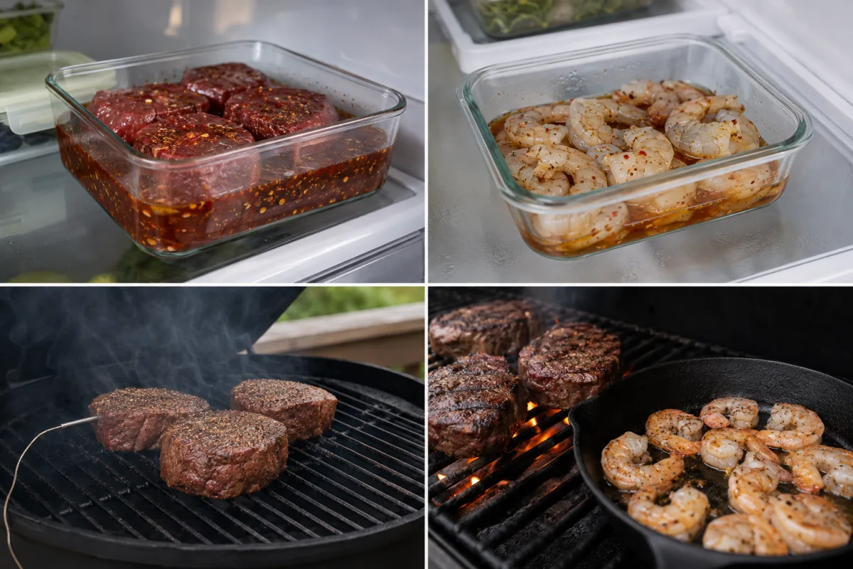 Four stages showing steak and shrimp in separate refrigerated honey cures, seasoned steak smoking, steak searing over high heat, and shrimp cooking in cast iron