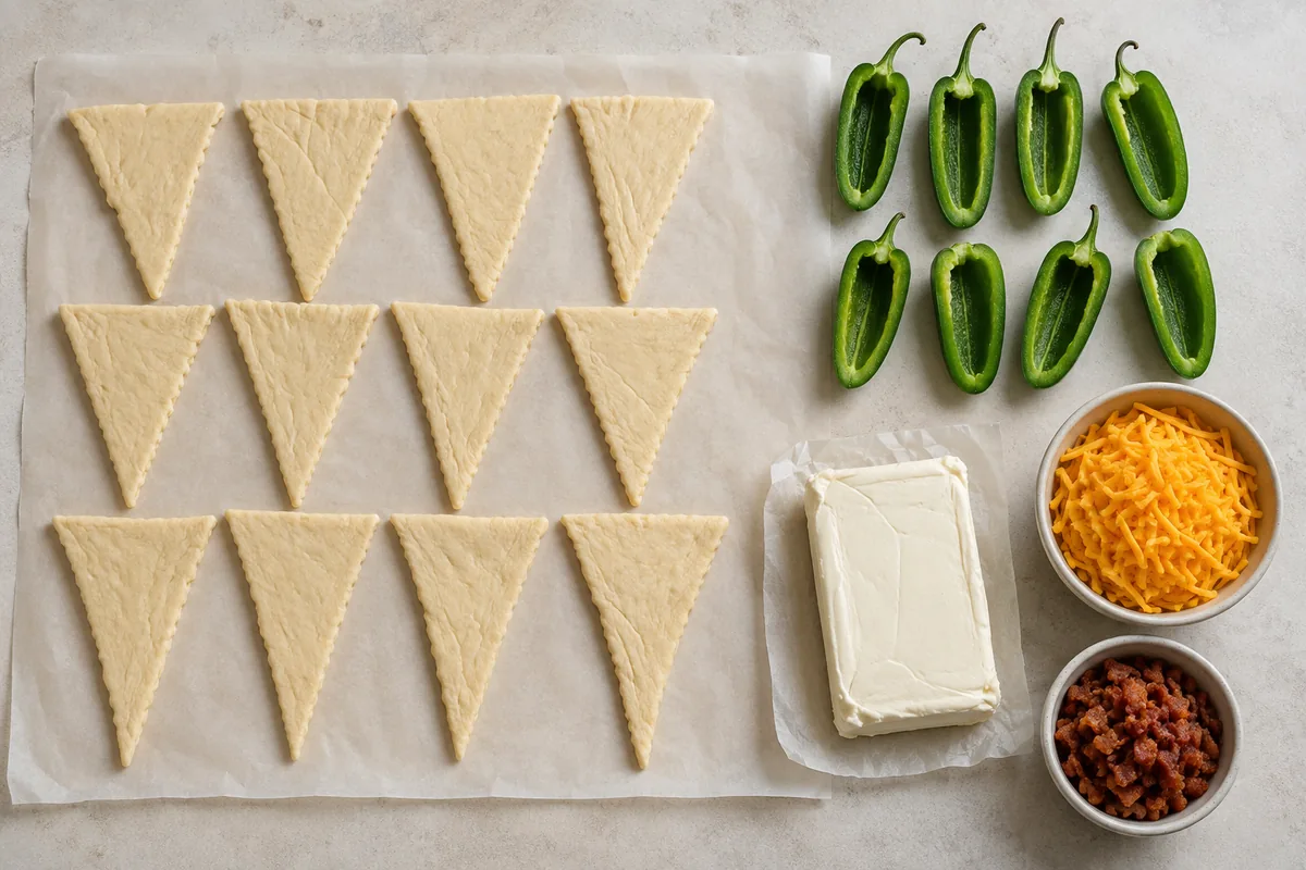 Ingredients for jalapeno popper crescent rolls with crescent dough triangles, seeded jalapeno halves, cream cheese, sharp cheddar, and cooked bacon