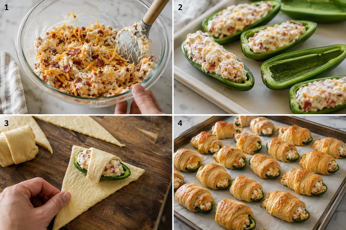 Four stages of jalapeno popper crescent rolls showing cheese and bacon filling, filled pepper halves, crescent dough wrapping, and golden baked rolls