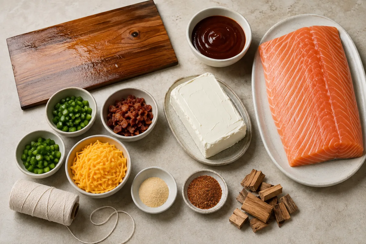 Ingredients for jalapeno popper salmon pinwheels with salmon, cream cheese, jalapenos, bacon, cheddar, garlic powder, barbecue rub, sauce, cedar plank, twine, and apple wood
