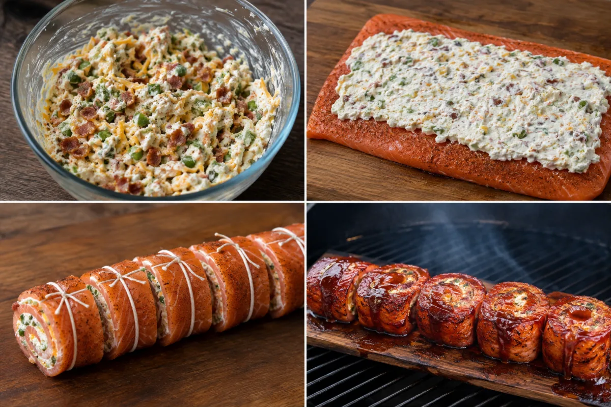 Four stages showing jalapeno popper filling mixed, spread over seasoned salmon, salmon rolled tied and sliced, and glazed pinwheels cooked on a cedar plank
