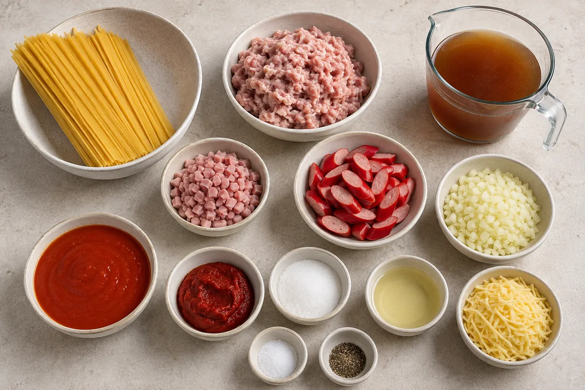 Ingredients for Filipino-style spaghetti with pasta, ground pork, ham, red hotdogs, onion, garlic, tomato sauce, tomato paste, broth, sugar, oil, and grated cheese