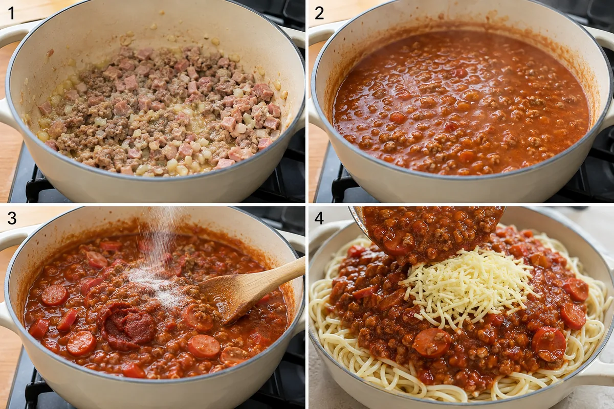 Four stages of Filipino spaghetti showing pork ham onion and garlic cooking, tomato meat sauce simmering, hotdogs paste and sugar added, and sauce spooned over pasta with cheese