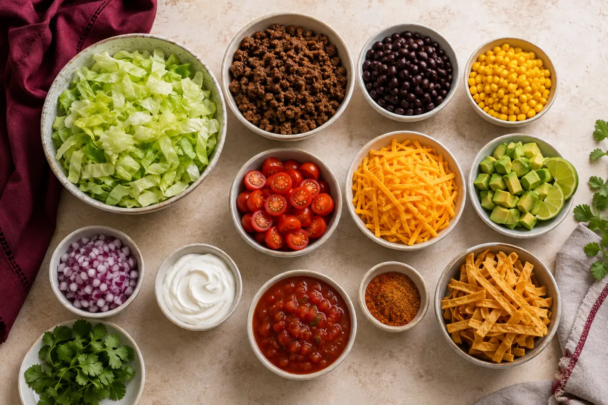 Ingredients for layered taco salad with lettuce, beef, beans, corn, tomatoes, cheddar, avocado, onion, sour cream dressing, cilantro, and tortilla strips