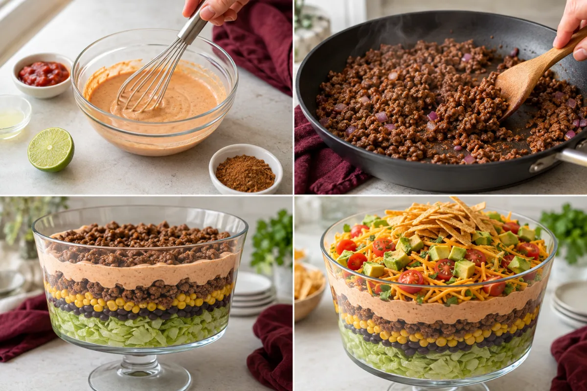 Four stages showing taco dressing mixed, beef cooked with onion, salad layers assembled in a clear bowl, and finished with avocado and tortilla strips