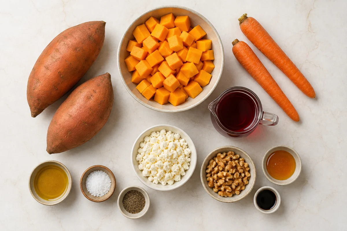 Ingredients for layered vegetable lasagna including sweet potatoes, butternut squash, carrots, olive oil, feta, walnuts, cranberry juice, honey, and balsamic vinegar