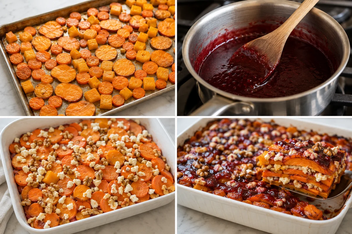 Four stages showing root vegetables par-roasted, cranberry glaze reduced, vegetables layered with feta and walnuts, and baked vegetable lasagna sliced