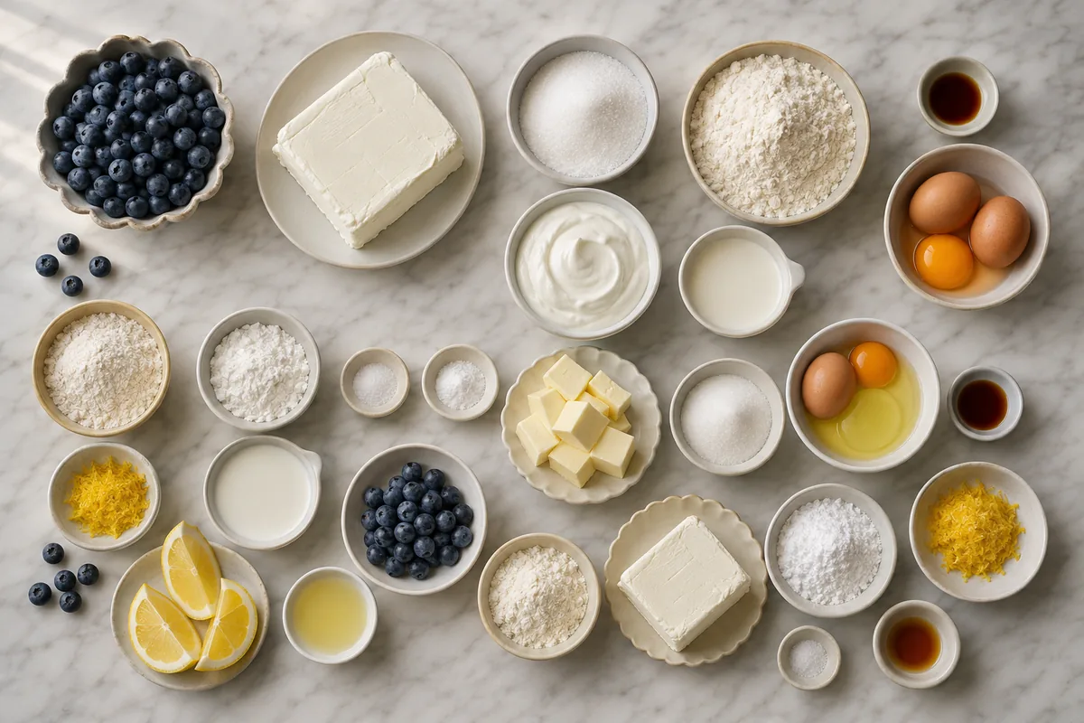 Ingredients for lemon blueberry cheesecake cake with blueberries, lemons, cream cheese, butter, eggs, flour, sugar, cream, sour cream, milk, cornstarch, baking powder, and vanilla