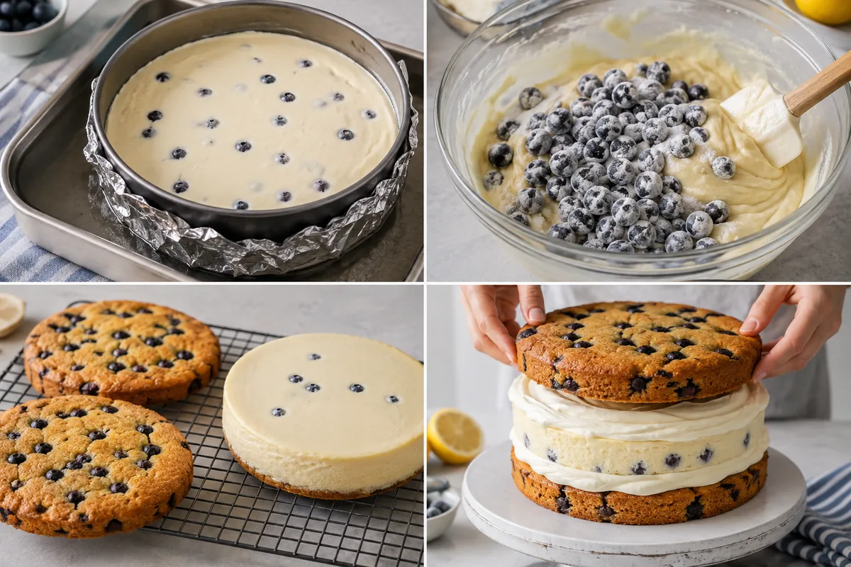 Four stages of lemon blueberry cheesecake cake showing cheesecake in a water bath, blueberries folded into batter, cooled layers, and cake assembly
