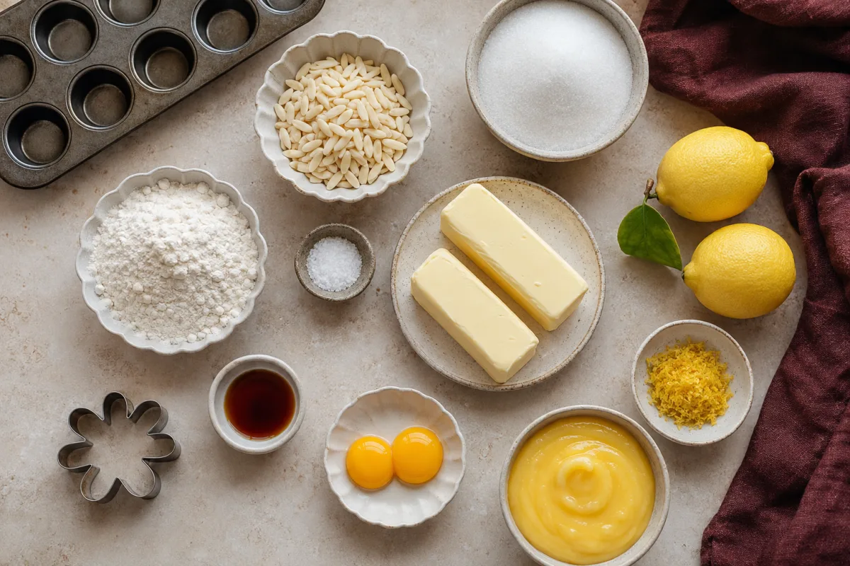 Ingredients for lemon curd daisy cookie cups with almond slivers, flour, sugar, butter, eggs, lemon zest, vanilla, salt, and lemon curd