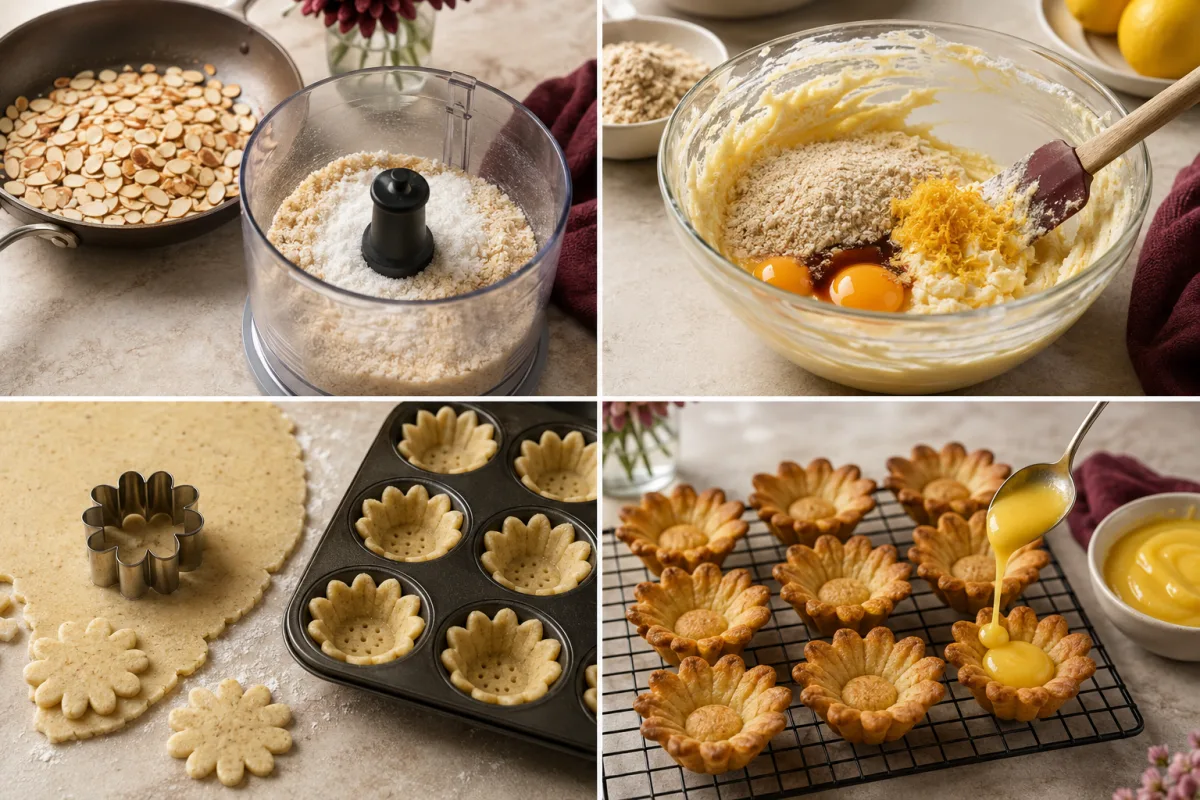 Four stages showing almonds toasted and ground, lemon cookie dough rolled and cut into daisies, dough pressed into a mini muffin pan, and baked cups filled with lemon curd