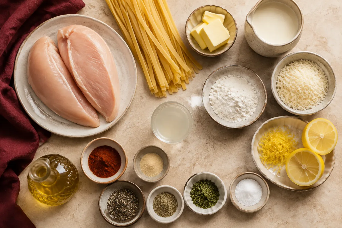 Ingredients for lemon garlic chicken Alfredo with chicken breast, fettuccine, butter, cream, Parmesan, lemon, flour, garlic, and herbs
