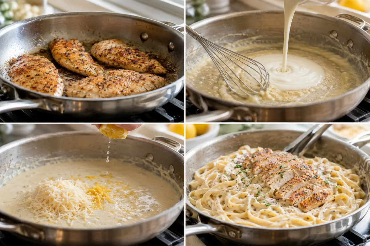 Four stages showing seasoned chicken cutlets, chicken browning in a skillet, creamy lemon Parmesan sauce, and fettuccine tossed with sliced chicken