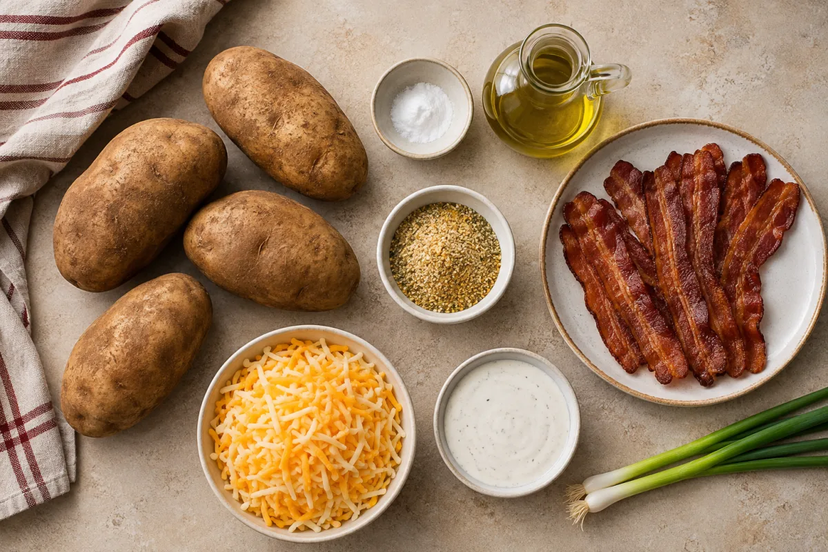 Ingredients for loaded air fryer potato wedges with russet potatoes, baking soda, olive oil, seasoning, Colby Jack, bacon, green onions, and ranch