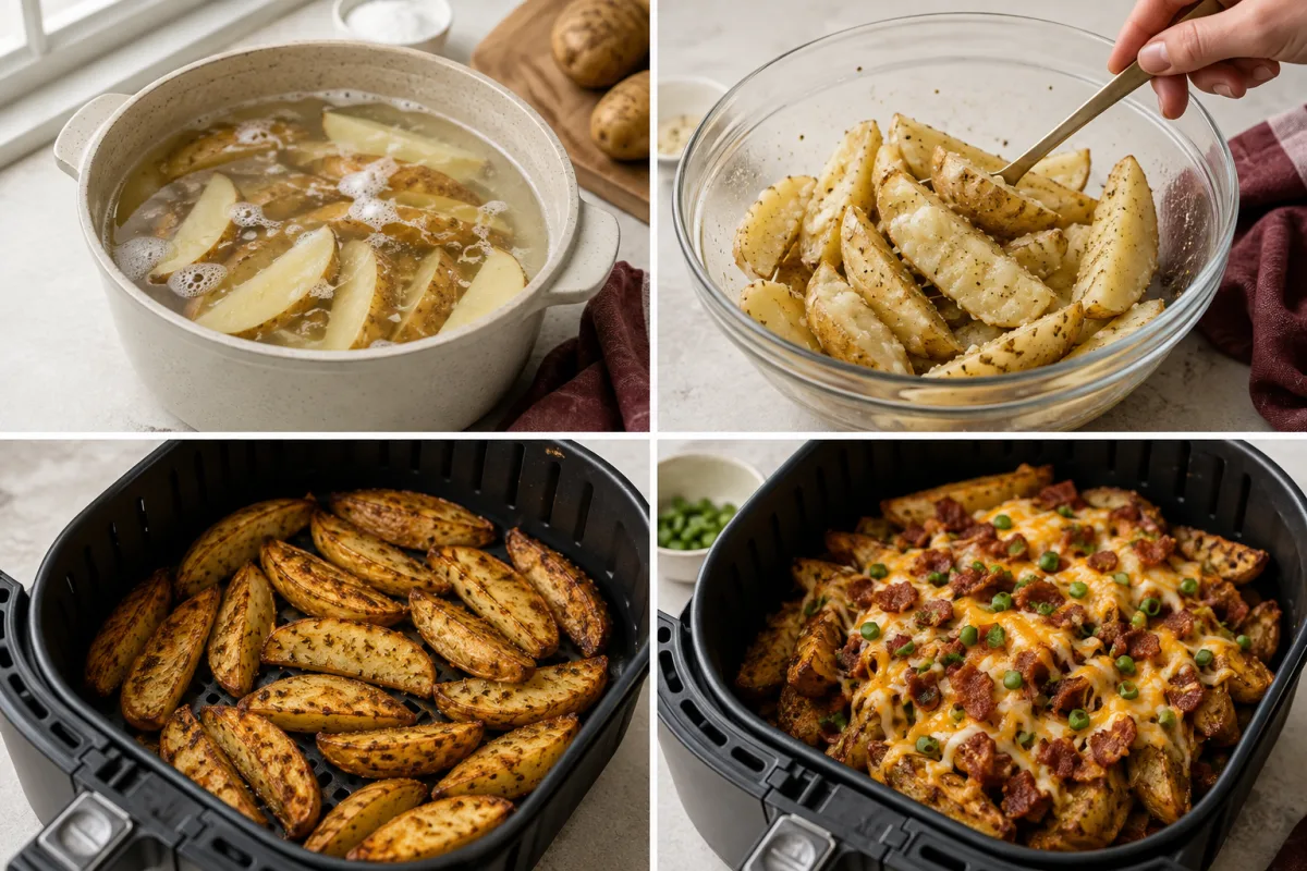 Four stages showing potato wedges parboiled, seasoned, air fried until crisp, and topped with cheese bacon and green onions