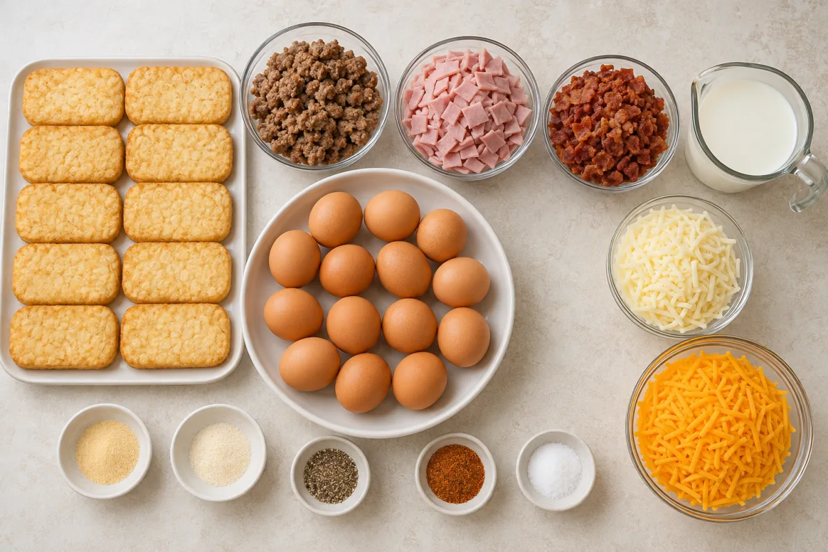 Ingredients for loaded breakfast casserole with ten hash brown patties, sausage, ham, bacon, twelve eggs, milk, mozzarella, cheddar, and seasonings
