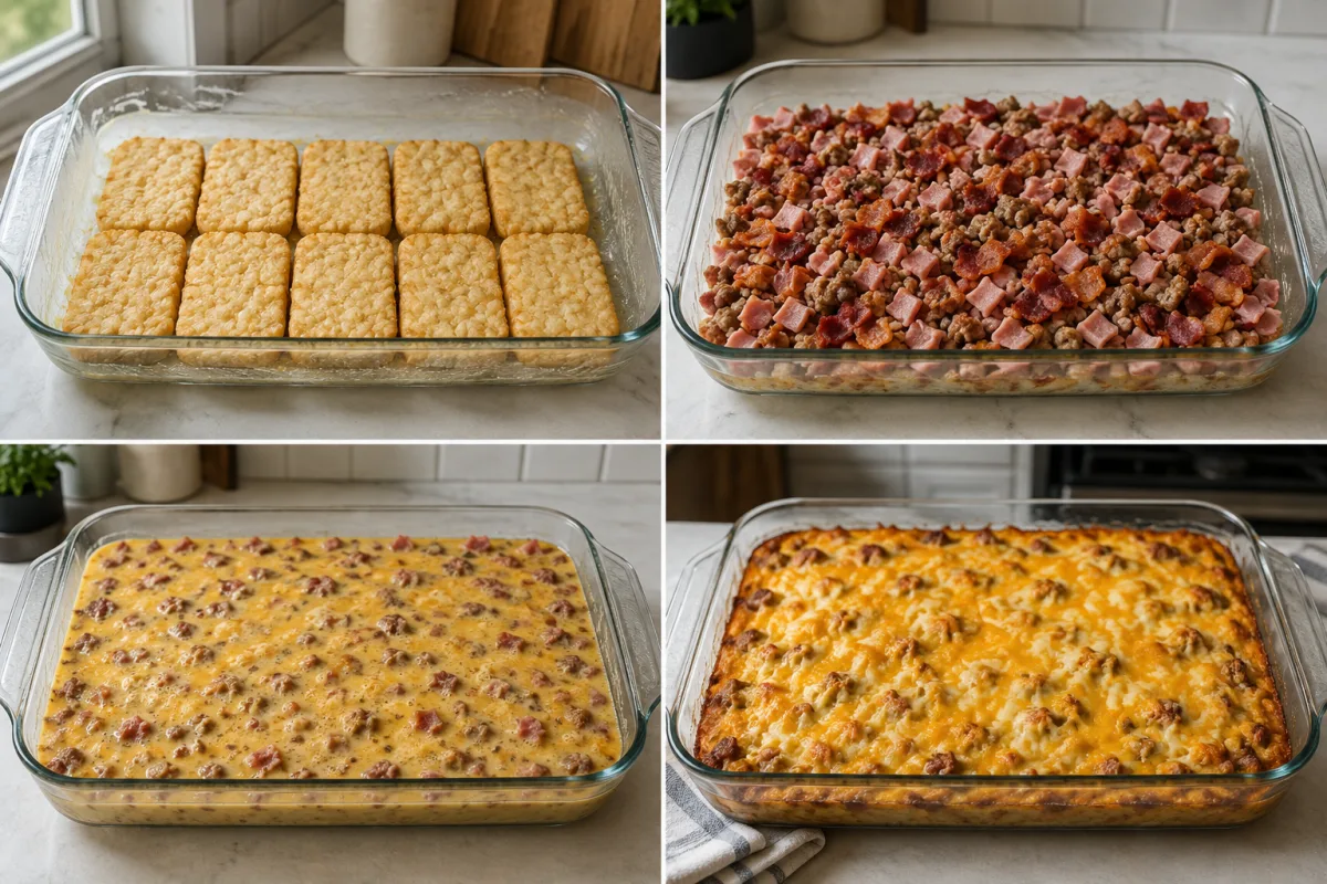 Four stages showing ten hash brown patties in a baking dish, sausage ham and bacon layered on top, twelve seasoned eggs poured over, and mozzarella and cheddar baked golden