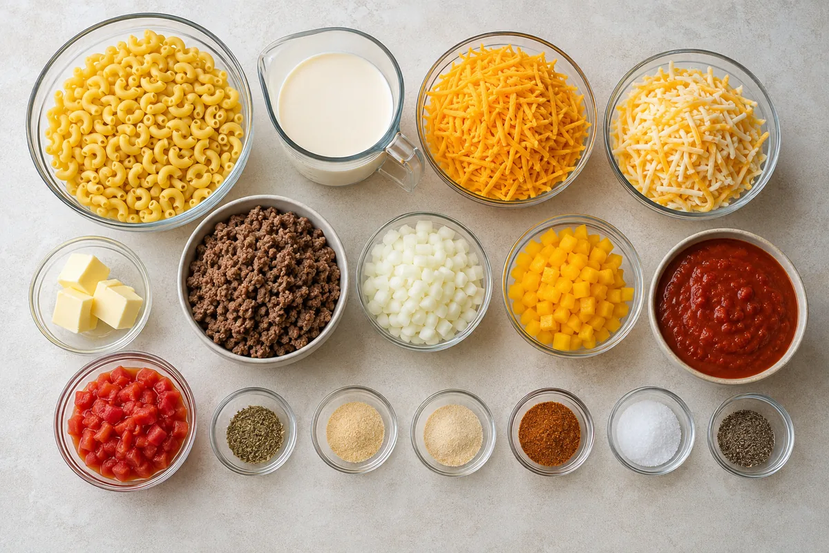 Ingredients for mac and cheese lasagna with elbow pasta, evaporated milk, cheddar, Colby Jack, butter, beef, onion, bell pepper, tomato sauce, diced tomatoes, and seasonings