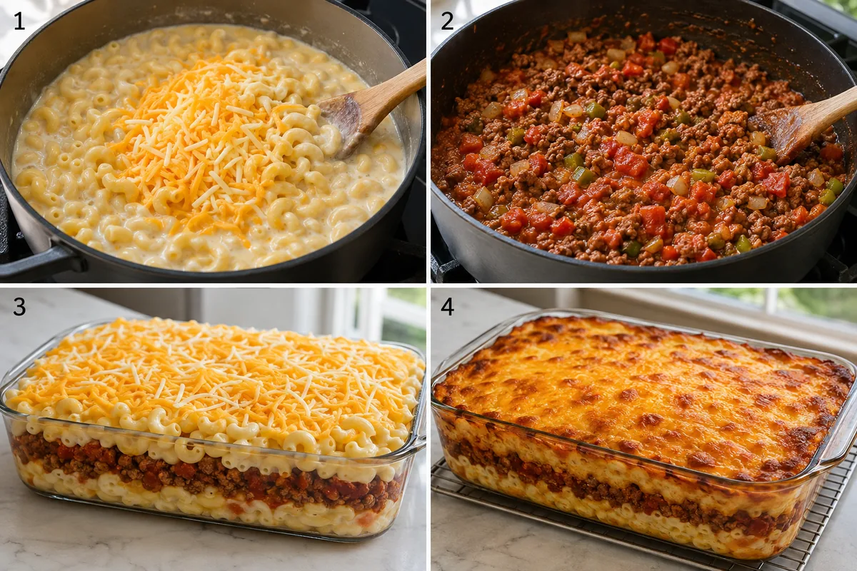 Four stages of mac and cheese lasagna showing macaroni cheese sauce, beef tomato sauce, casserole layers assembled, and the cheese top baked golden