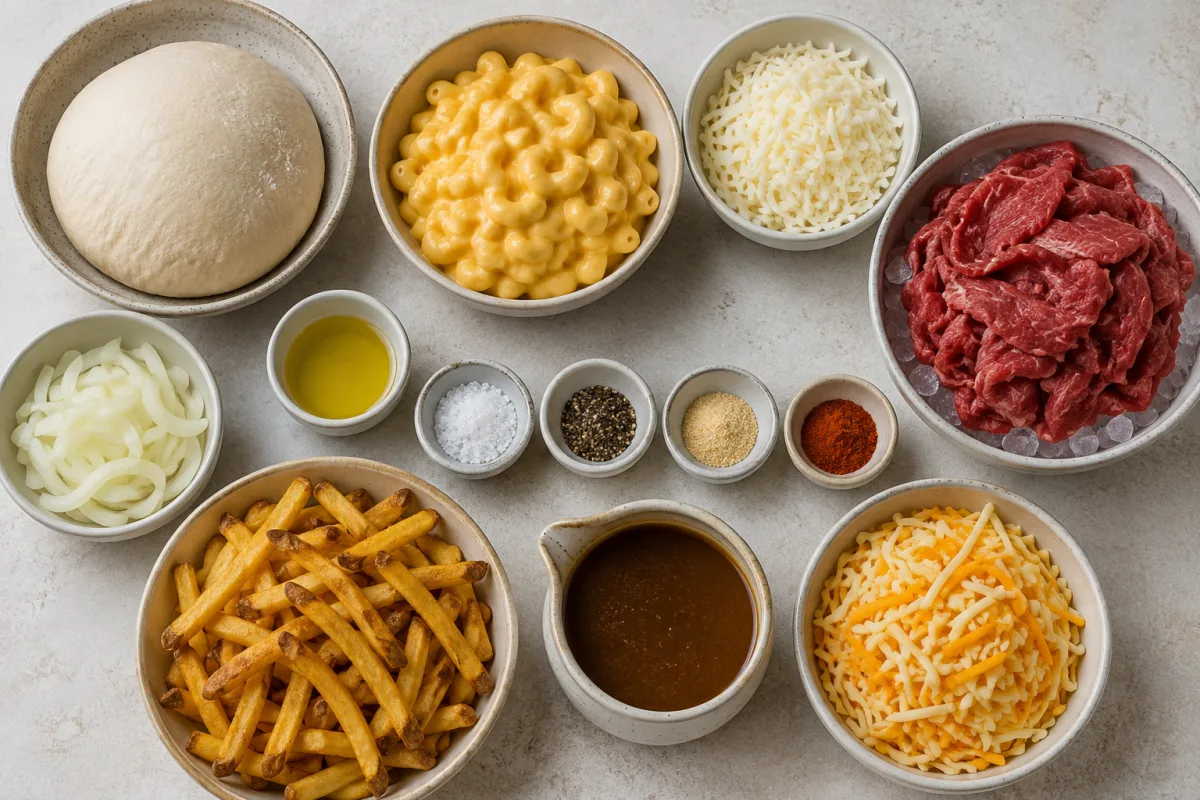 Ingredients for mac and cheese stuffed crust cheesesteak pizza including dough, macaroni and cheese, beef, onions, fries, gravy, and shredded cheese