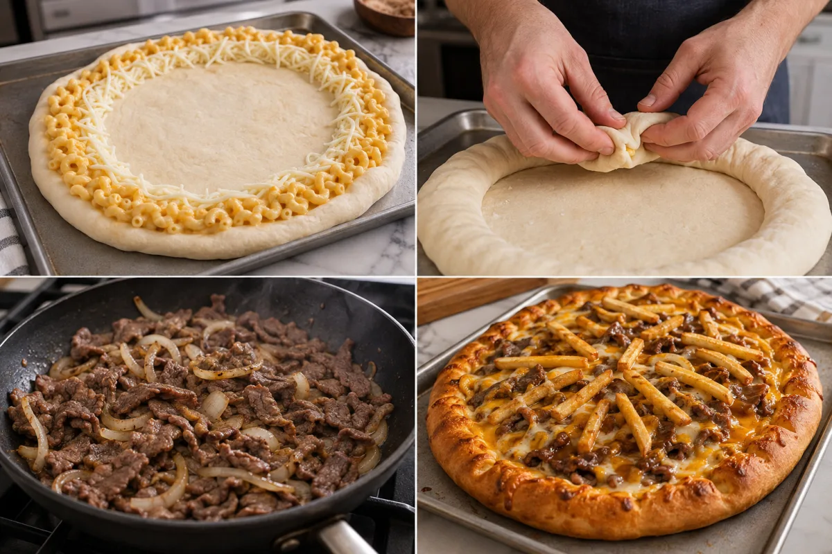 Four stages showing macaroni arranged around pizza dough, the stuffed rim sealed, beef and onions cooked, and the loaded pizza baked