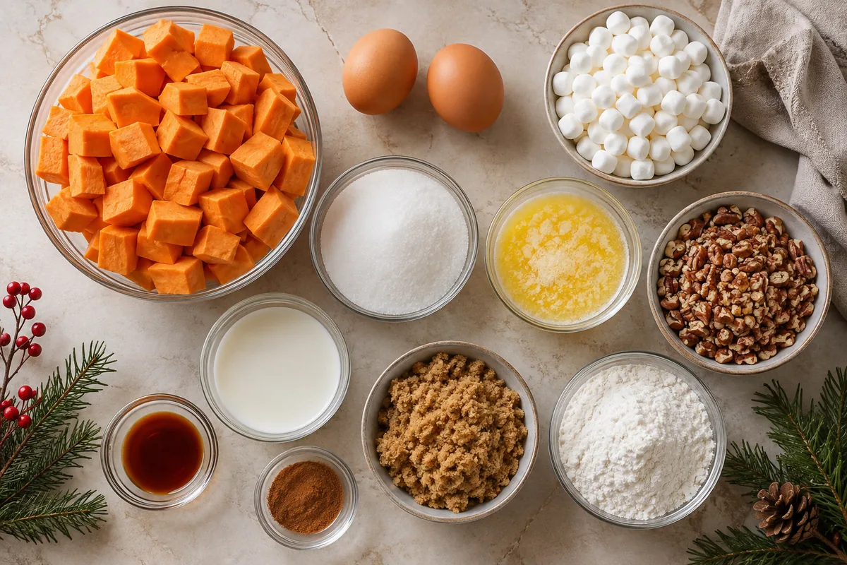 Ingredients for marshmallow sweet potato casserole with sweet potatoes, eggs, milk, butter, sugars, cinnamon, vanilla, pecans, flour, and mini marshmallows