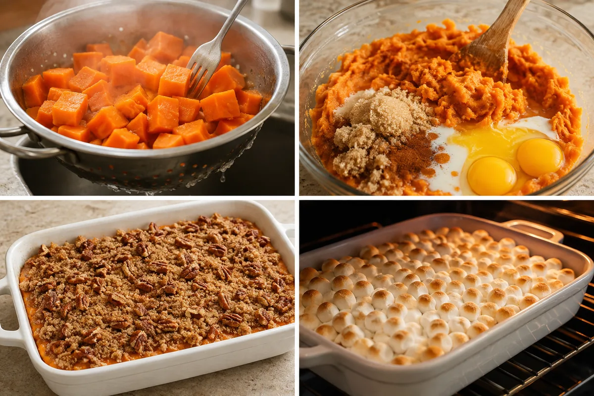 Four stages of sweet potato casserole showing drained potatoes, seasoned mash, pecan topping, and toasted marshmallows